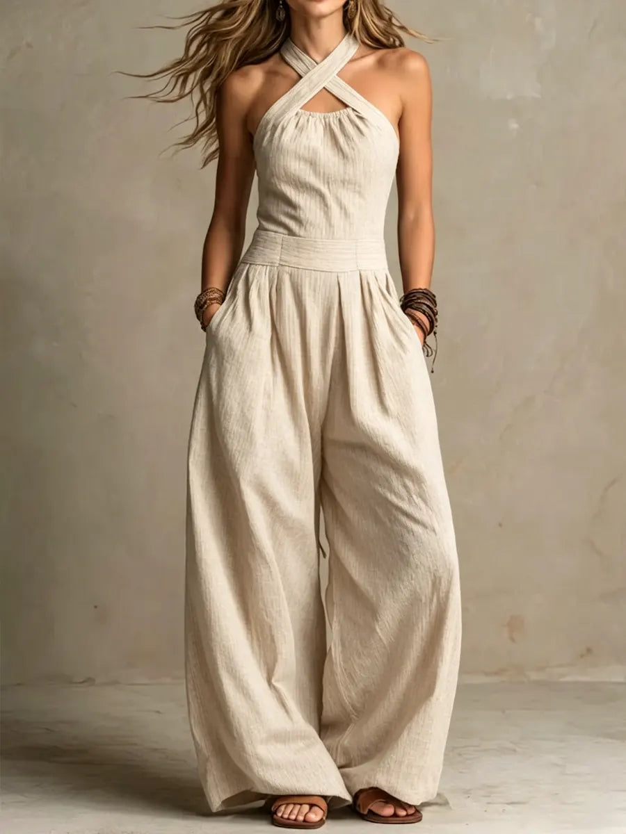 Combinaison Femme Fluide à Corsage Croisé et Jambes Larges Élégantes