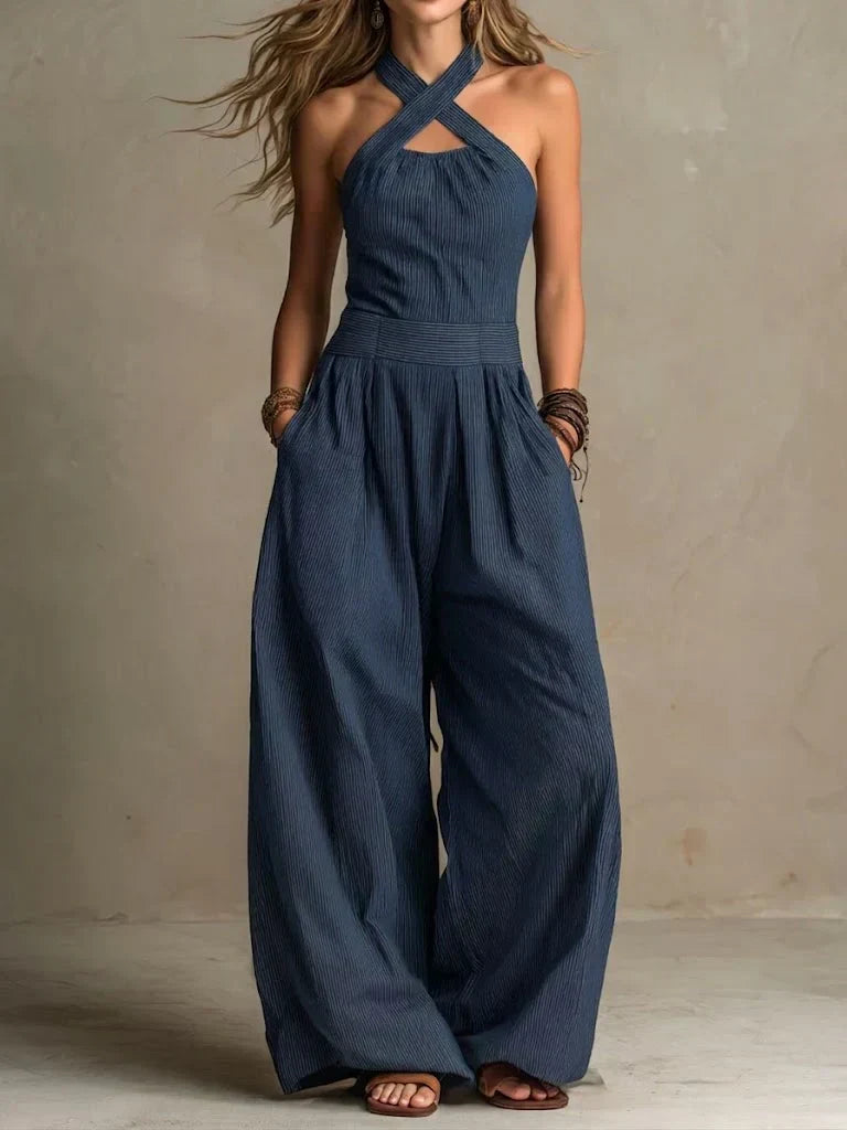 Combinaison Femme Fluide à Corsage Croisé et Jambes Larges Élégantes