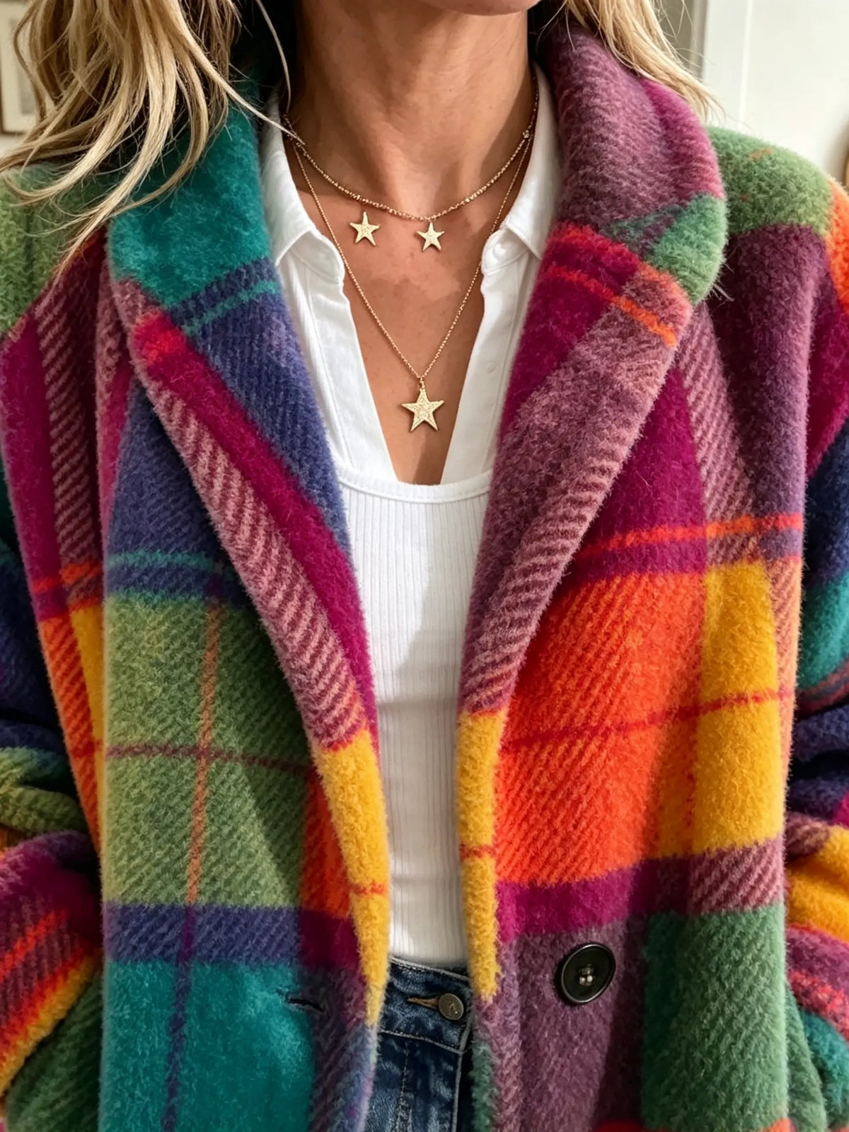 Manteau femme à carreaux colorés coupe ample