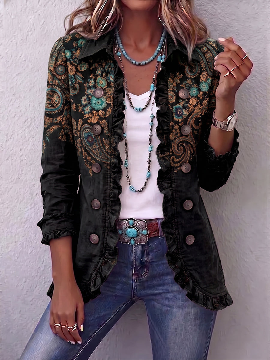 Veste femme bohème à imprimé paisley et volants