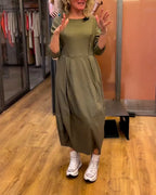 Robe femme manches 3/4 à col rond – Élégance amincissante et confort automnal