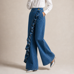 Pantalon Large en Denim pour Femmes avec Volants Asymétriques