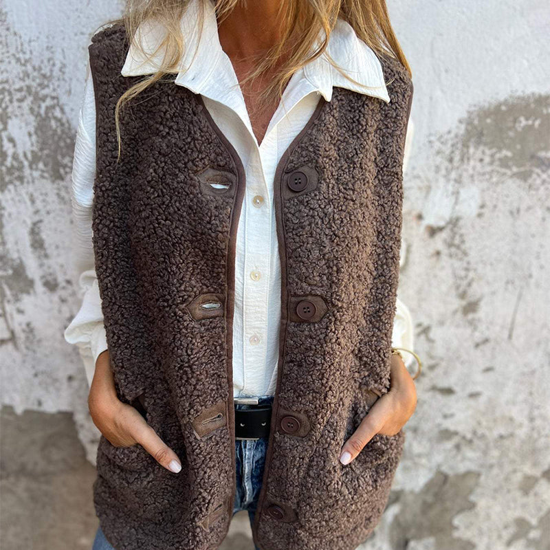 Gilet sans manches femme à boutons – style élégant, chaud et pratique pour l’automne et l’hiver
