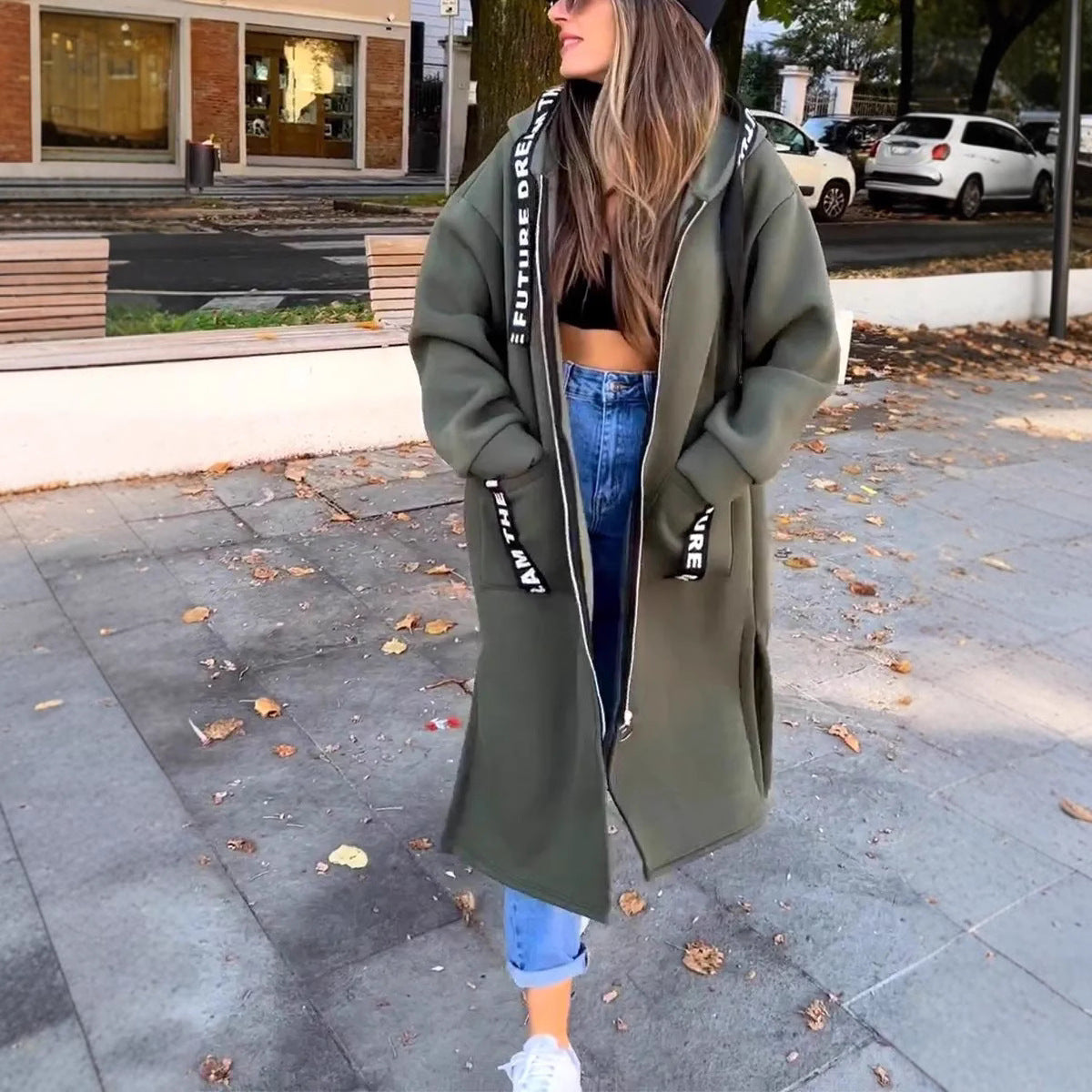 Manteau long femme à capuche style sweat – coupe ample confortable pour usage quotidien