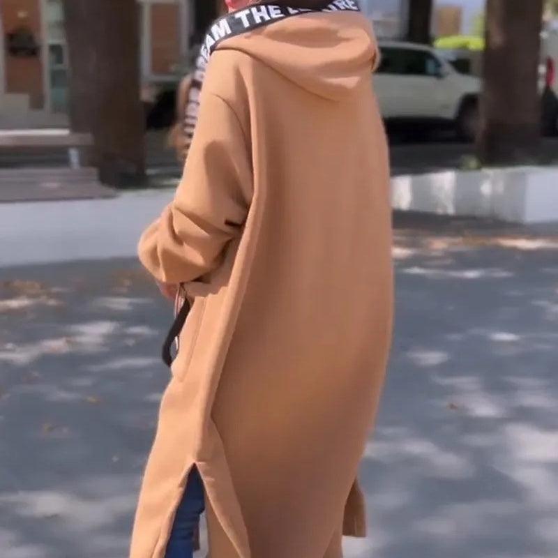Manteau long femme à capuche style sweat – coupe ample confortable pour usage quotidien