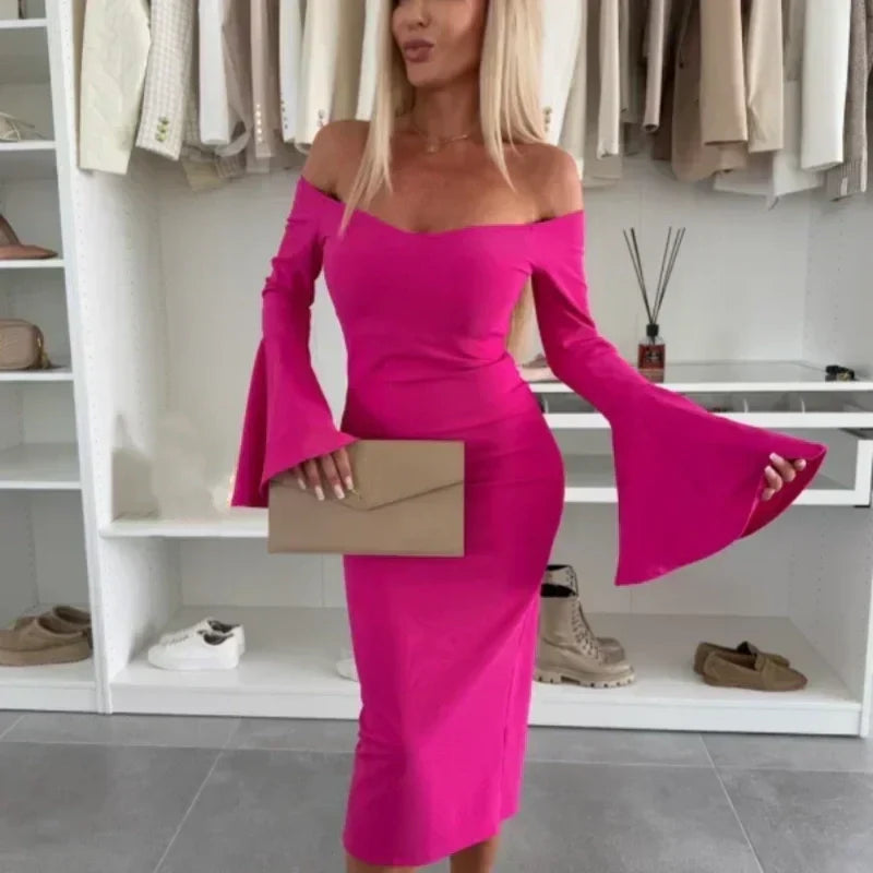 Robe Femme Élégante Manches Évasées Coupe Ajustée Soirée Chic