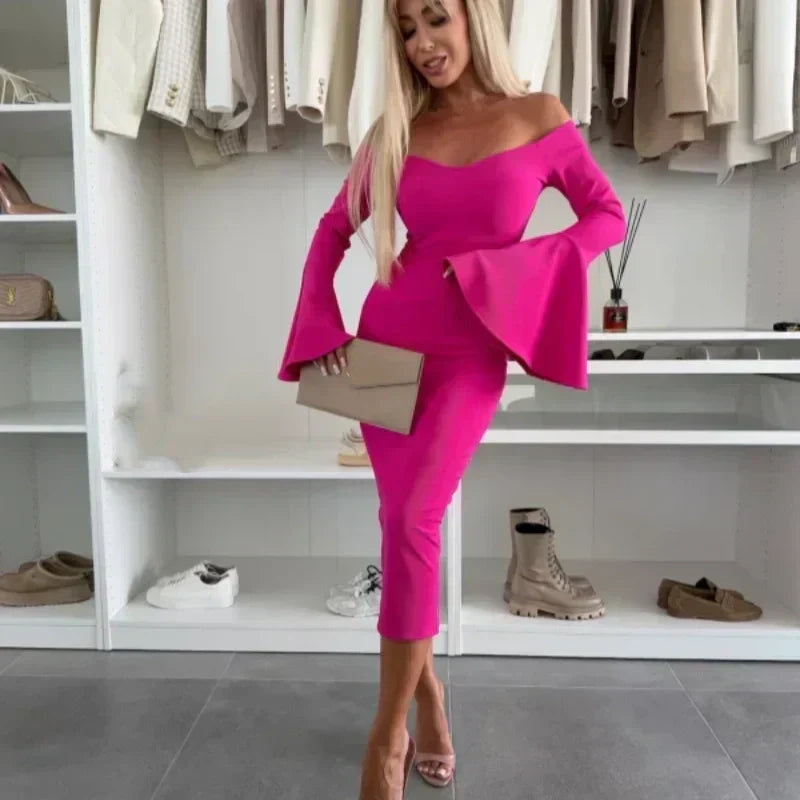 Robe Femme Élégante Manches Évasées Coupe Ajustée Soirée Chic
