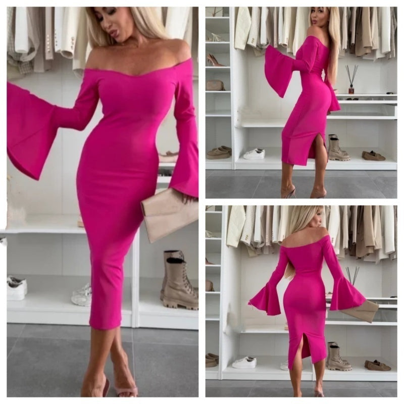 Robe Femme Élégante Manches Évasées Coupe Ajustée Soirée Chic