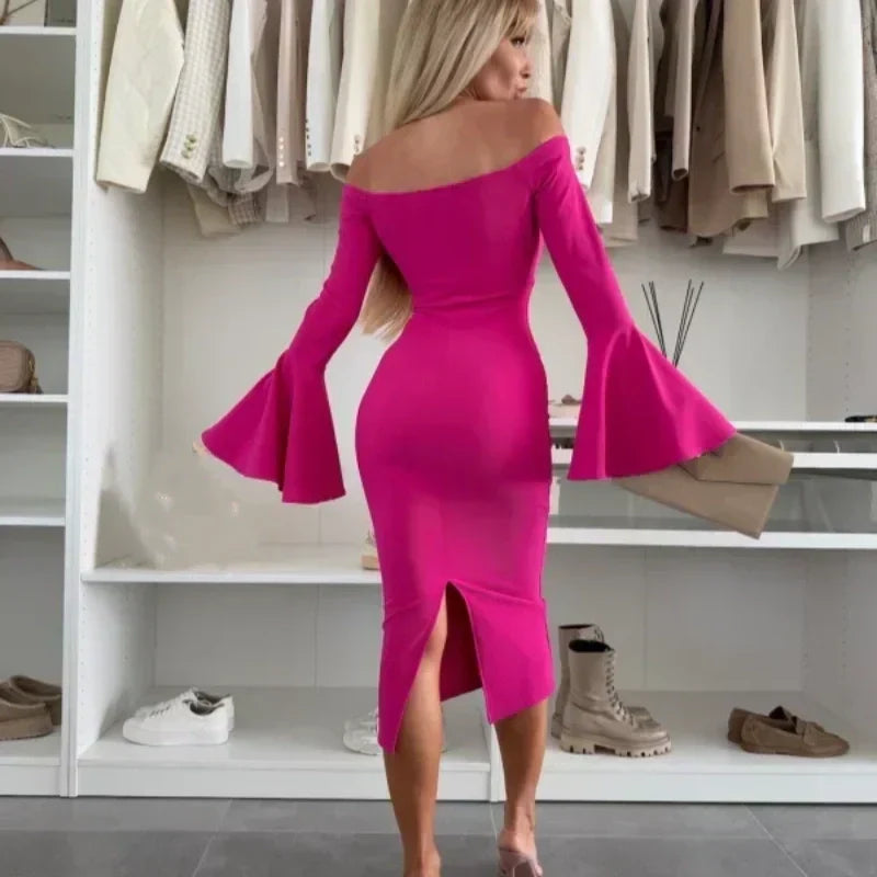 Robe Femme Élégante Manches Évasées Coupe Ajustée Soirée Chic