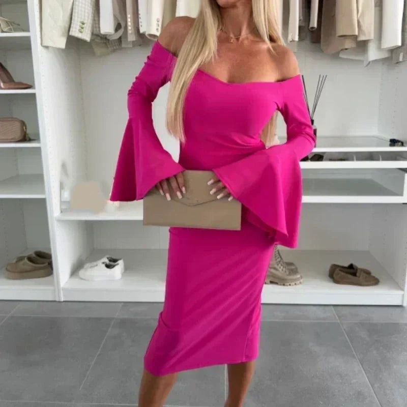 Robe Femme Élégante Manches Évasées Coupe Ajustée Soirée Chic