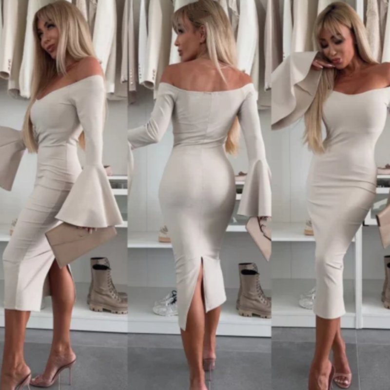 Robe Femme Élégante Manches Évasées Coupe Ajustée Soirée Chic