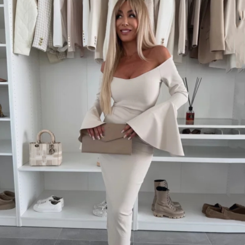 Robe Femme Élégante Manches Évasées Coupe Ajustée Soirée Chic