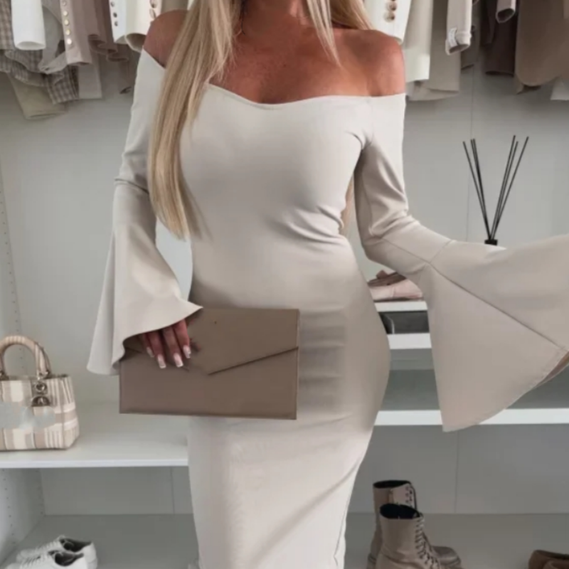 Robe Femme Élégante Manches Évasées Coupe Ajustée Soirée Chic