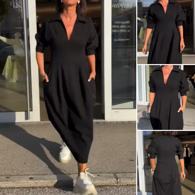 Robe Midi Femme Col V Structuré Coupe Ajustée Tissu Fluide Usage Quotidien