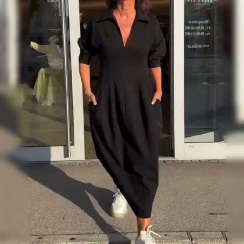 Robe Midi Femme Col V Structuré Coupe Ajustée Tissu Fluide Usage Quotidien