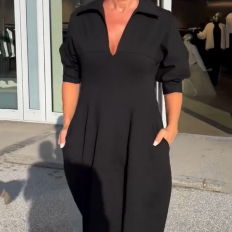 Robe Midi Femme Col V Structuré Coupe Ajustée Tissu Fluide Usage Quotidien
