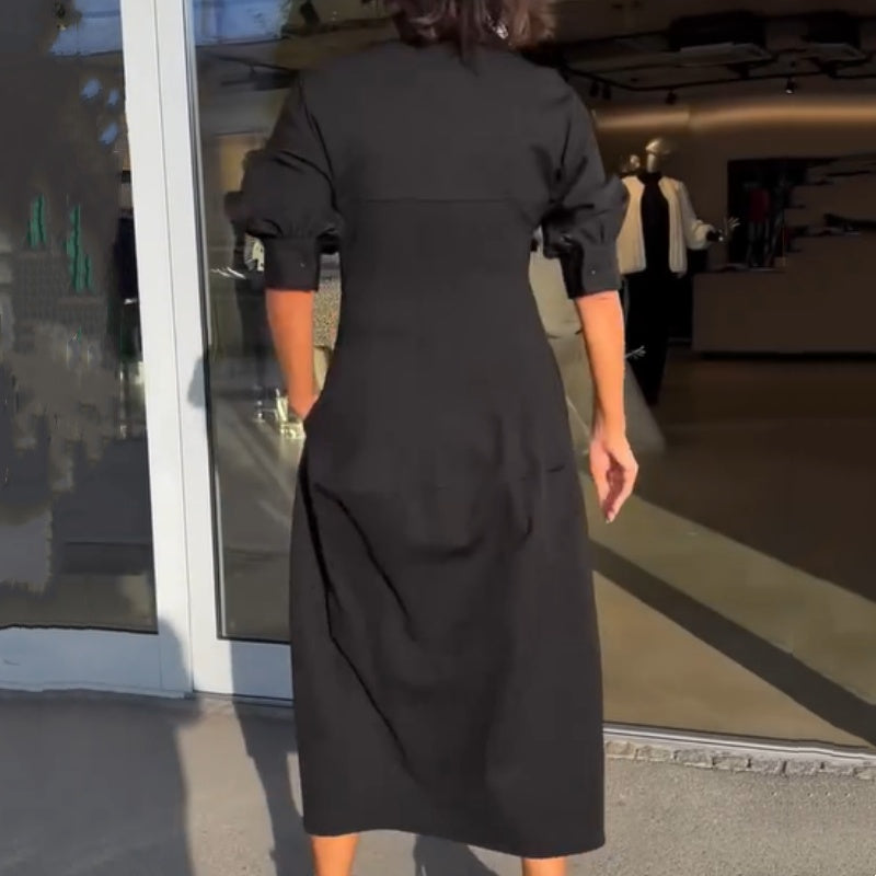 Robe Midi Femme Col V Structuré Coupe Ajustée Tissu Fluide Usage Quotidien
