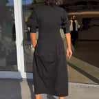 Robe Midi Femme Col V Structuré Coupe Ajustée Tissu Fluide Usage Quotidien