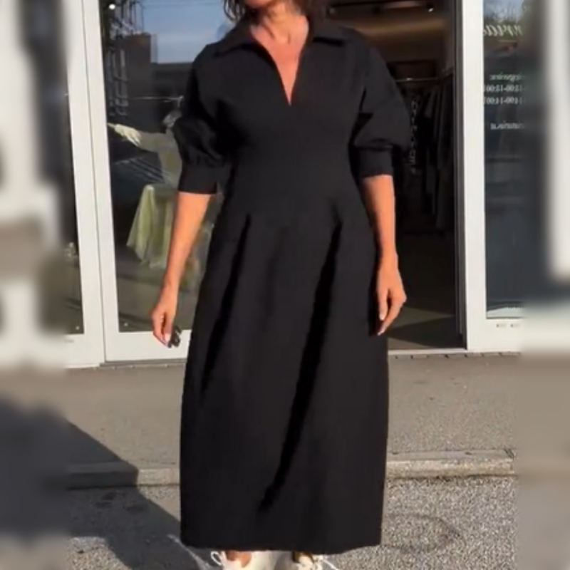 Robe Midi Femme Col V Structuré Coupe Ajustée Tissu Fluide Usage Quotidien