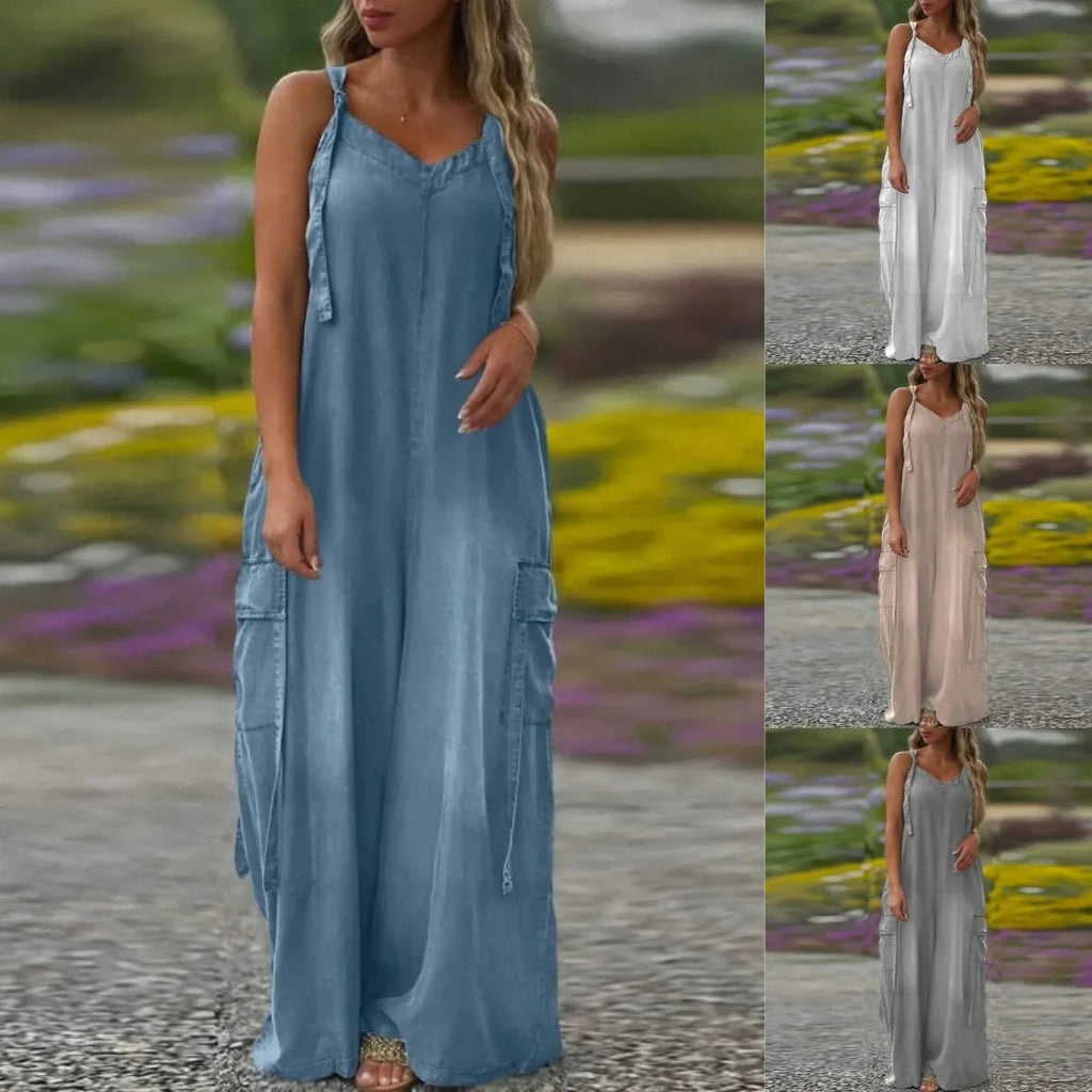 Robe longue femme fluide avec bretelles ajustables et poches cargo