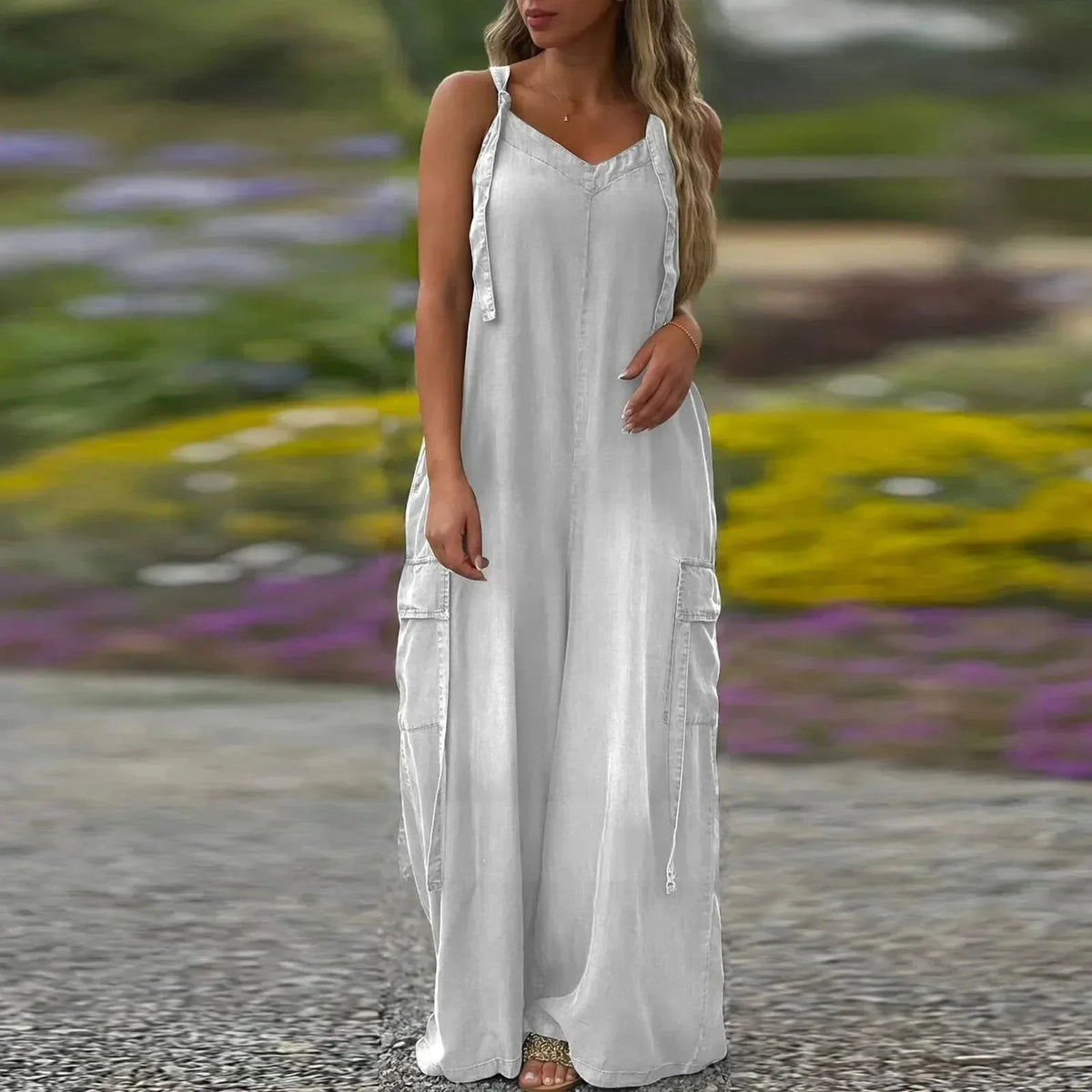 Robe longue femme fluide avec bretelles ajustables et poches cargo