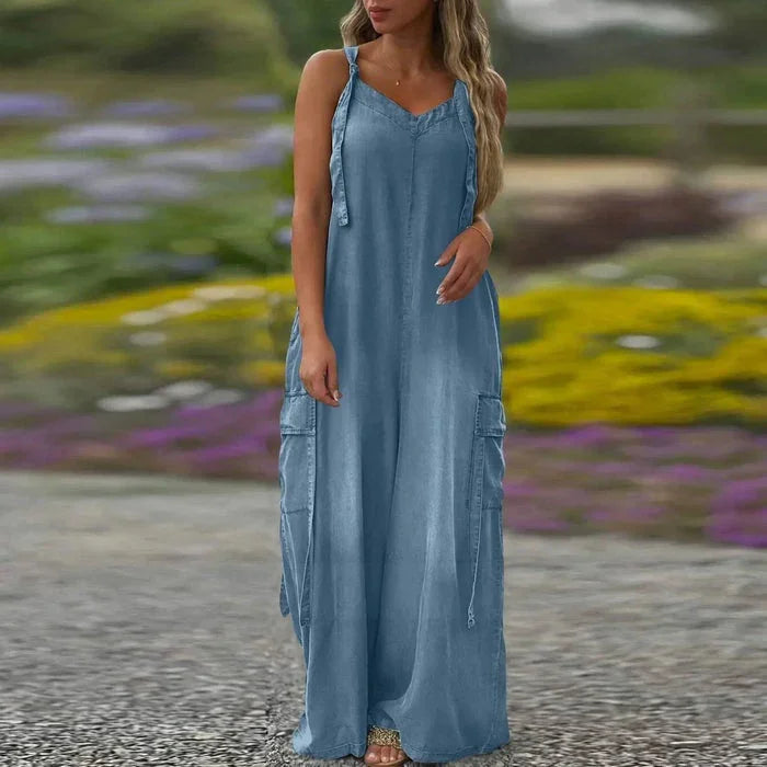 Robe longue femme fluide avec bretelles ajustables et poches cargo