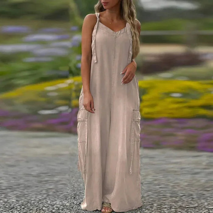 Robe longue femme fluide avec bretelles ajustables et poches cargo