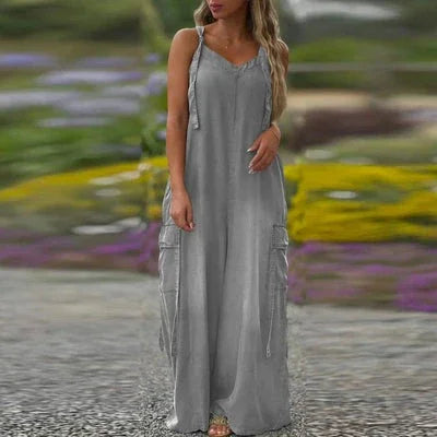 Robe longue femme fluide avec bretelles ajustables et poches cargo