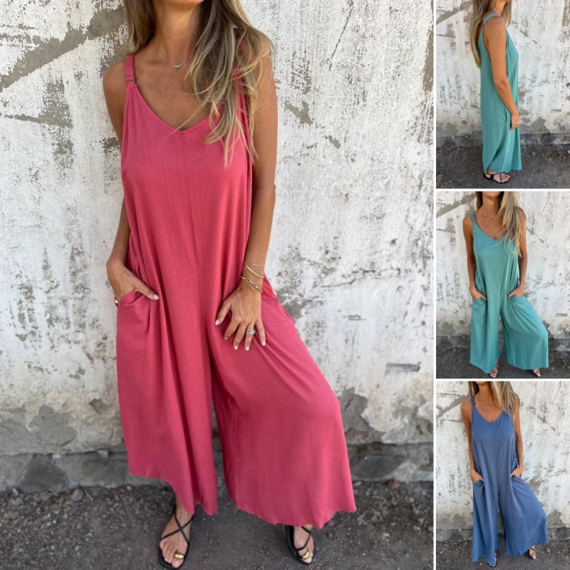 Combinaison femme ample en coton et lin à bretelles réglables
