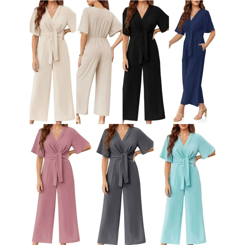 Combinaison femme élégante à jambes larges avec ceinture nouée