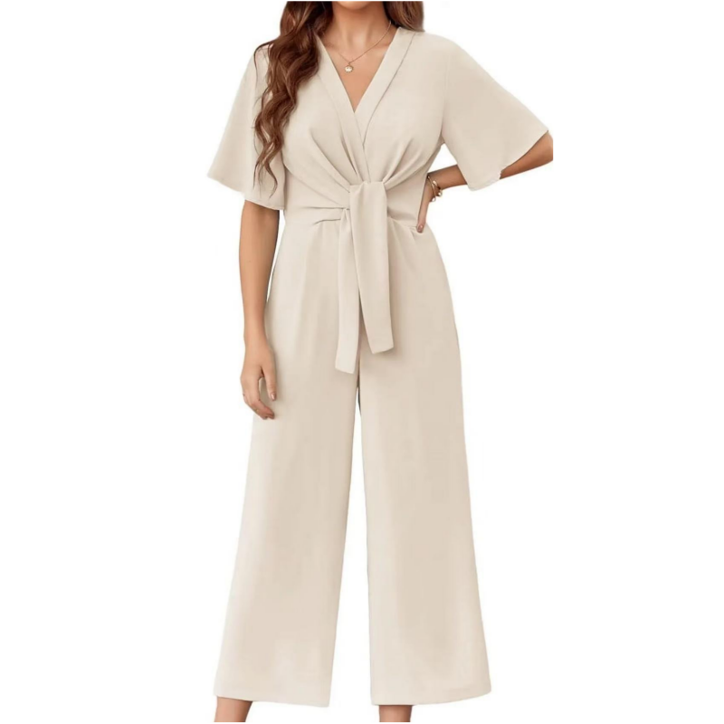 Combinaison femme élégante à jambes larges avec ceinture nouée