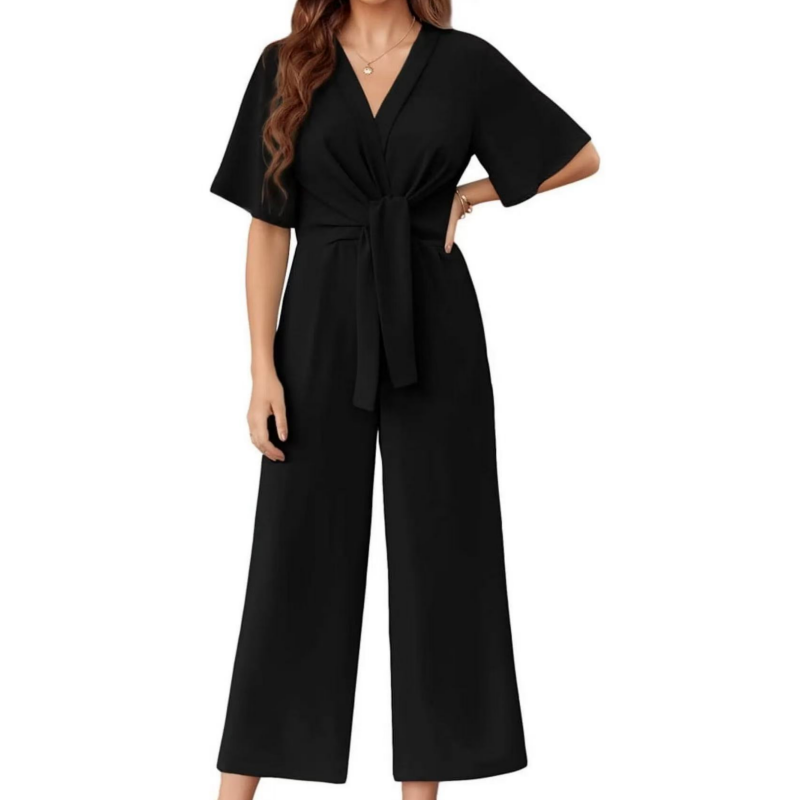 Combinaison femme élégante à jambes larges avec ceinture nouée