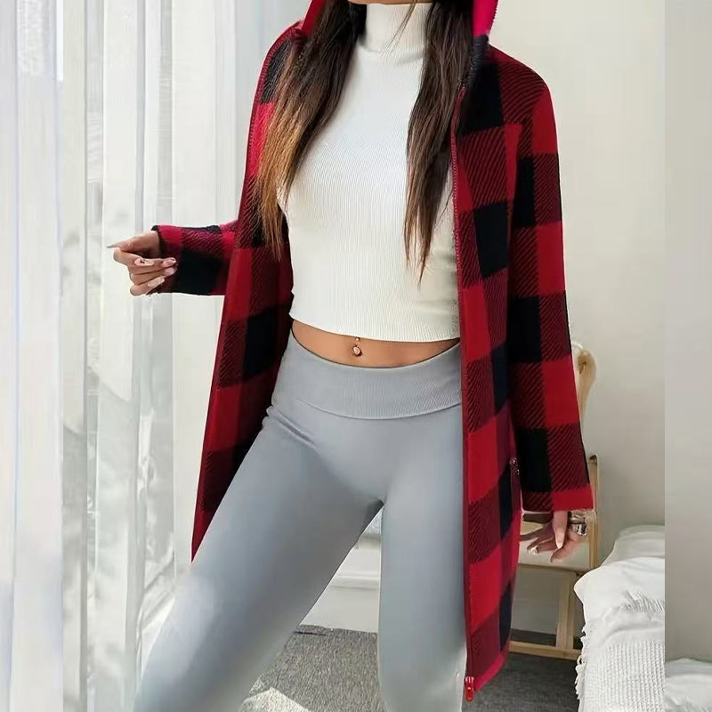 Veste femme longue à carreaux avec capuche – style cosy automne hiver