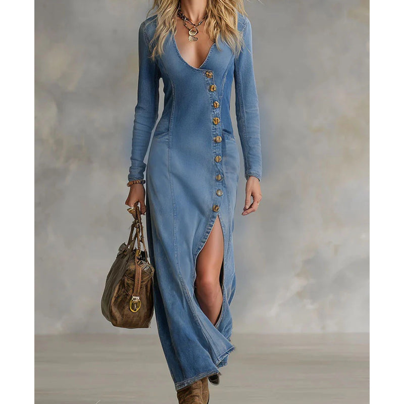 Robe Longue Femme Ajustée Col V Boutonnée avec Fente pour Style Élégant et Silhouette Élancée