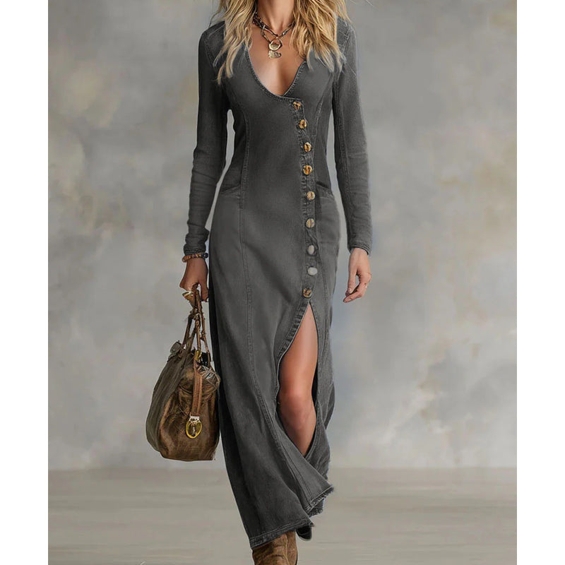 Robe Longue Femme Ajustée Col V Boutonnée avec Fente pour Style Élégant et Silhouette Élancée