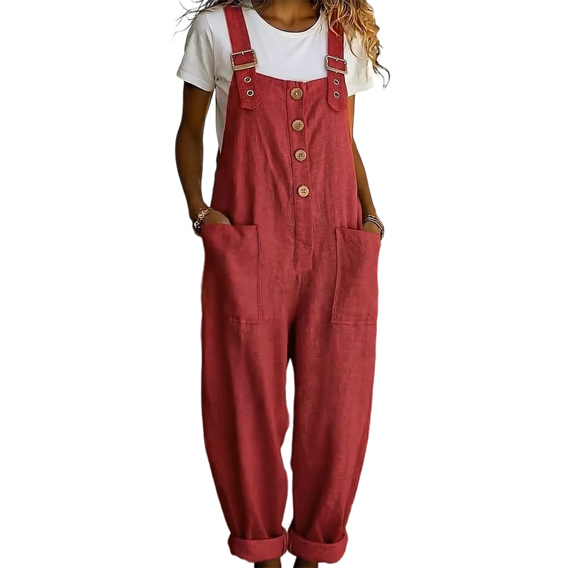 Salopette Femme Coupe Ample Boutonnée Bretelles Réglables Style Décontracté