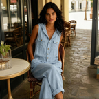 Combinaison femme en lin mélangé sans manches avec boutons