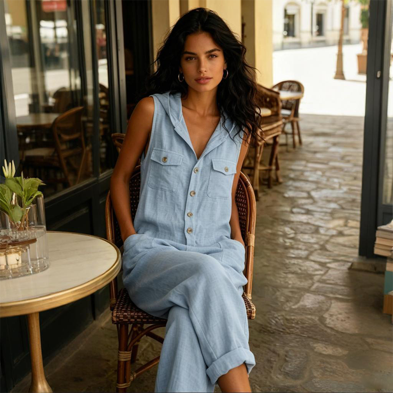 Combinaison femme en lin mélangé sans manches avec boutons