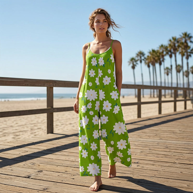 Combinaison Femme Bretelles Fines Imprimé Floral Jambes Larges