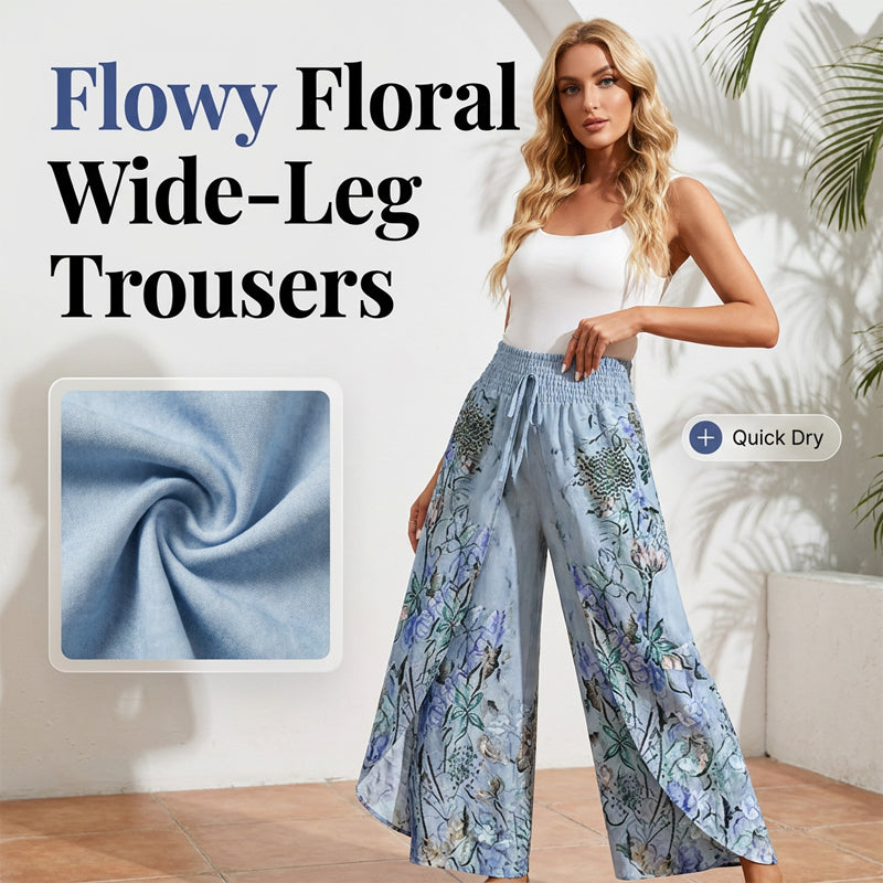 Pantalon large femme fleuri à taille froncée et cordon
