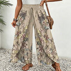 Pantalon large femme fleuri à taille froncée et cordon