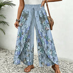 Pantalon large femme fleuri à taille froncée et cordon