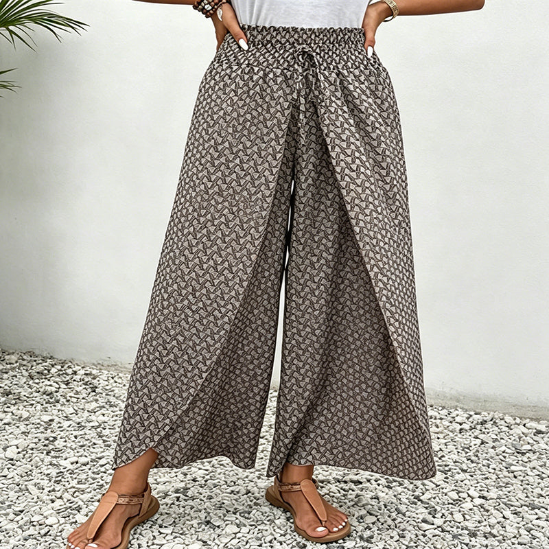 Pantalon large femme fleuri à taille froncée et cordon