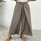 Pantalon large femme fleuri à taille froncée et cordon