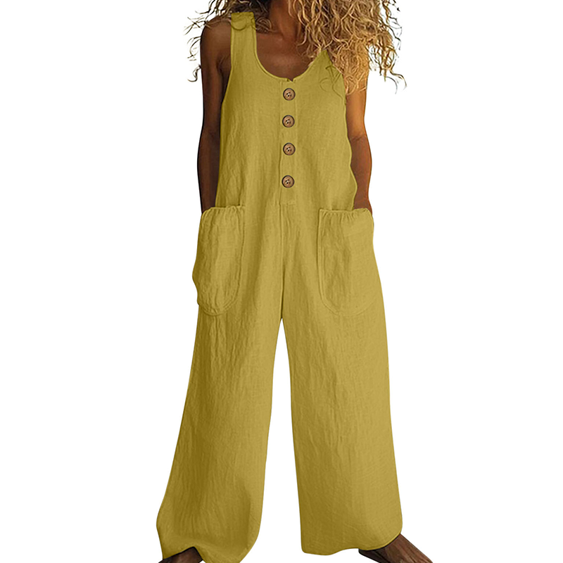 Combinaison femme ample en coton et lin avec boutons décoratifs
