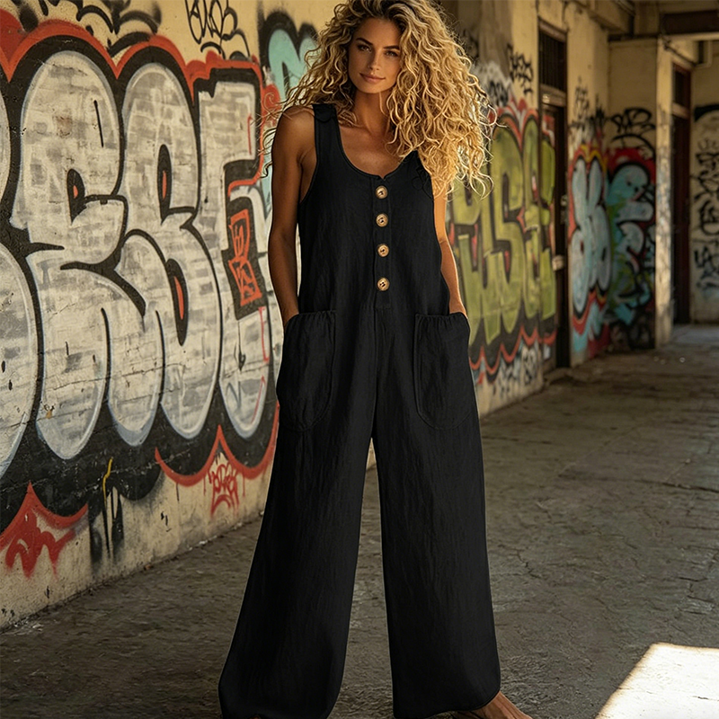 Combinaison femme ample en coton et lin avec boutons décoratifs