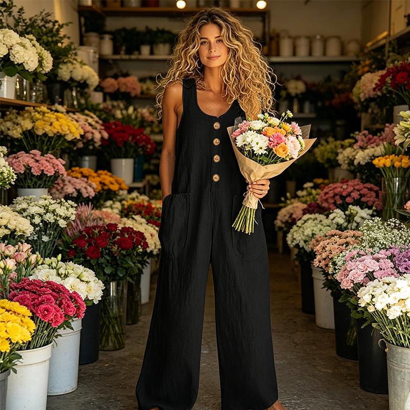 Combinaison femme ample en coton et lin avec boutons décoratifs