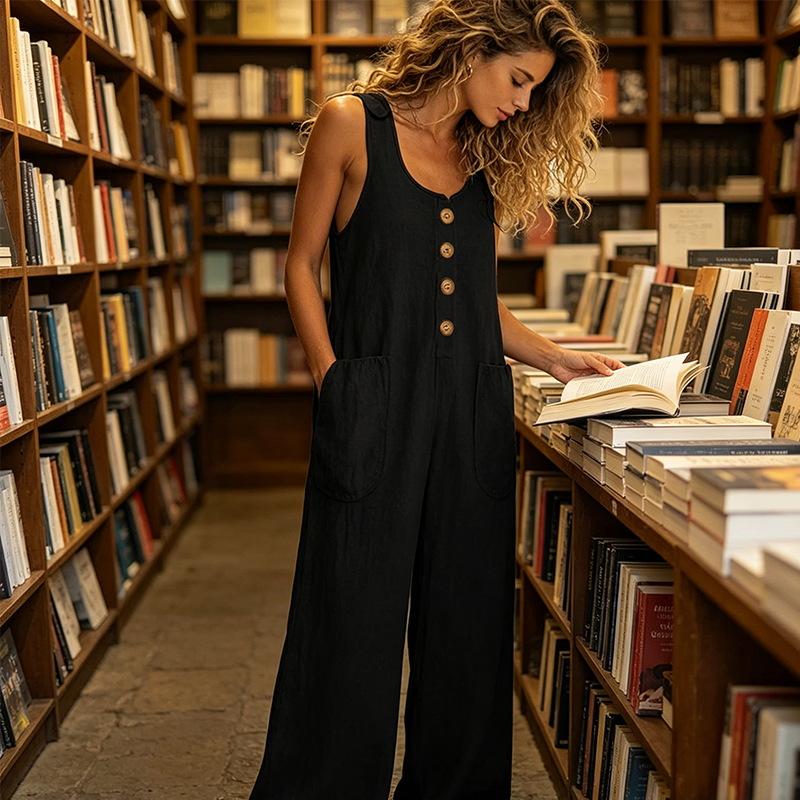 Combinaison femme ample en coton et lin avec boutons décoratifs