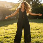 Combinaison femme ample en coton et lin avec boutons décoratifs