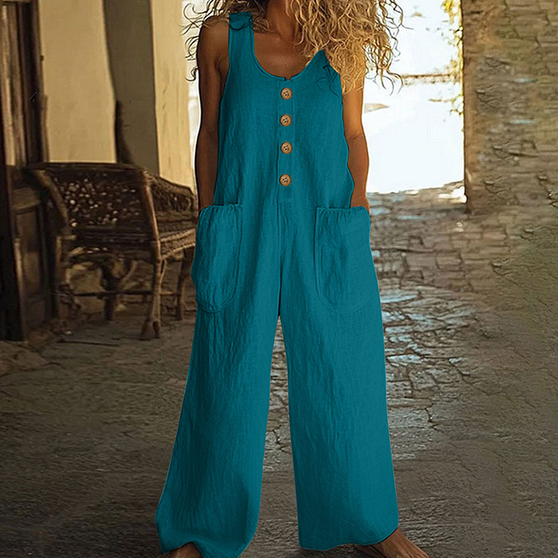 Combinaison femme ample en coton et lin avec boutons décoratifs